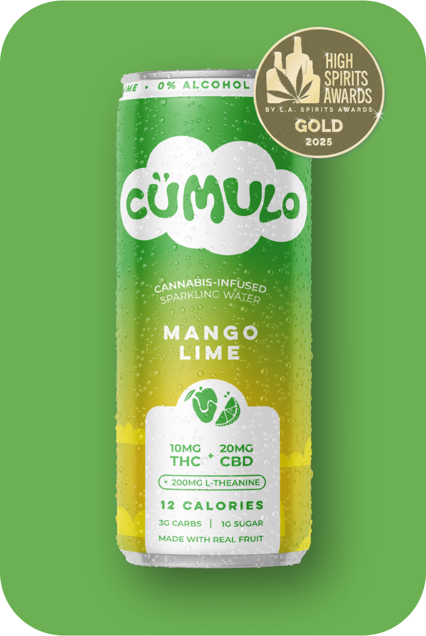 Mango Lime Cumulo cannabis-infused sparkling water can on a green background