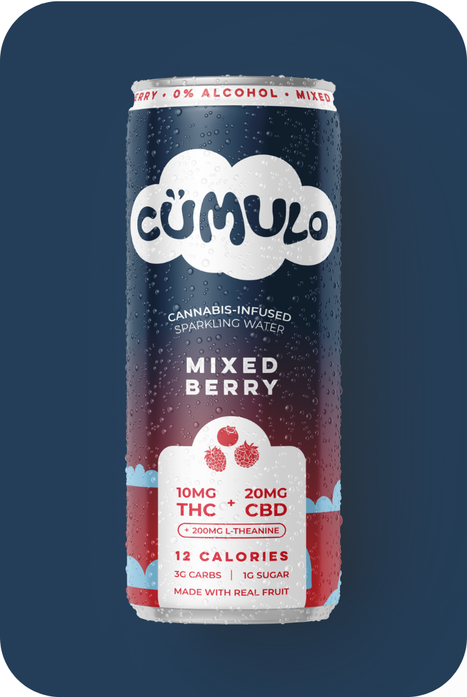 A can of Cümulo Mixed Berry cannabis-infused sparkling water with 10mg THC, 20mg CBD, and 200mg L-Theanine.