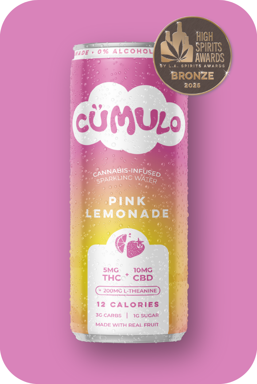 Cumulo Pink Lemonade cannabis-infused sparkling water can on a pink background.