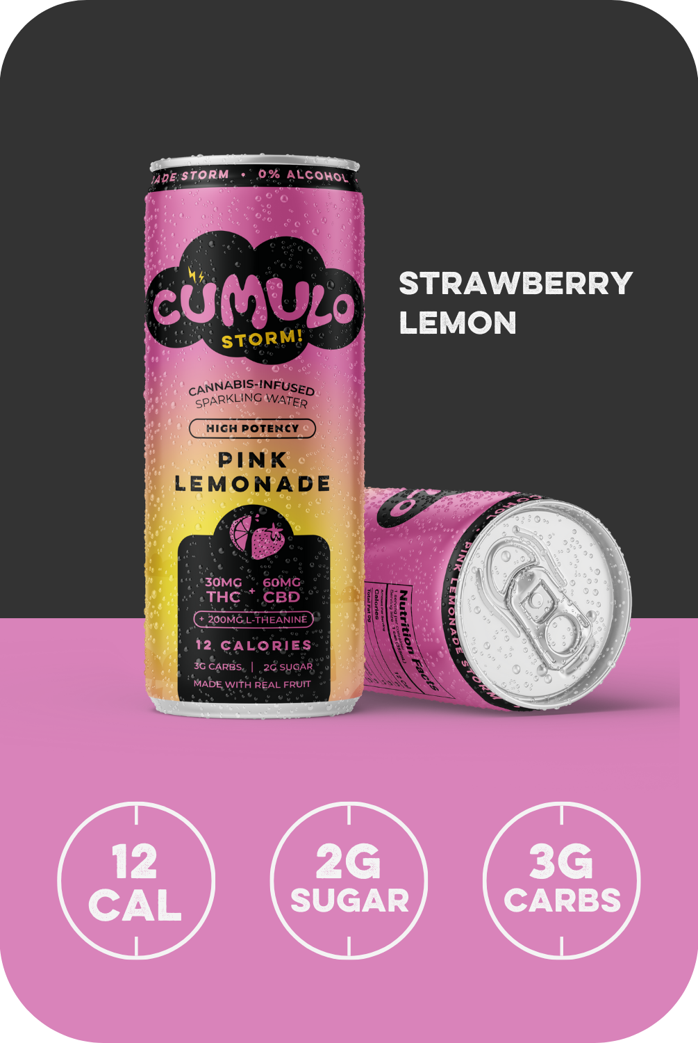 Pink Lemonade Storm product tile with nutrition info. 12 calories, 2 grams of sugar, and 3 grams of carbs