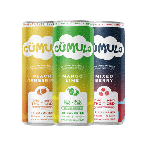Three cans of Cumulo cannabis-infused sparkling water, flavors Mango Lime, Peach Tangerine and Mixed Berry