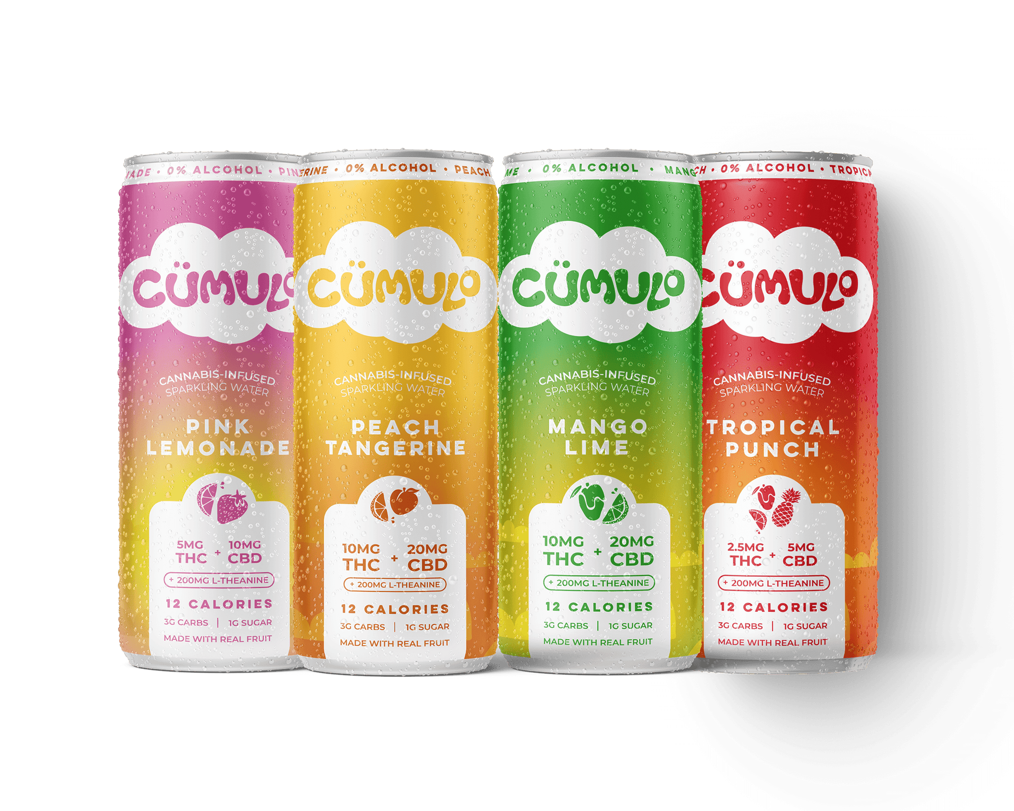 Four Cumulo cans in different flavors on a blank background